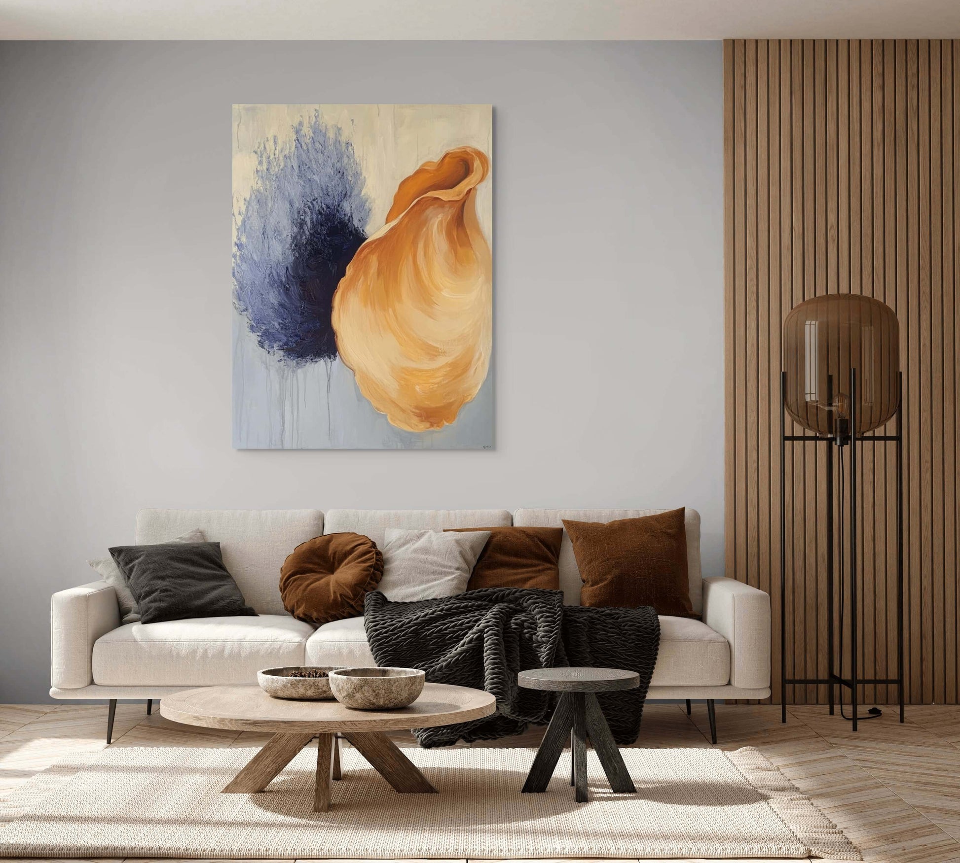 Original oil painting 'Whisper of Shell and Smoke' displayed in a modern living room setting.