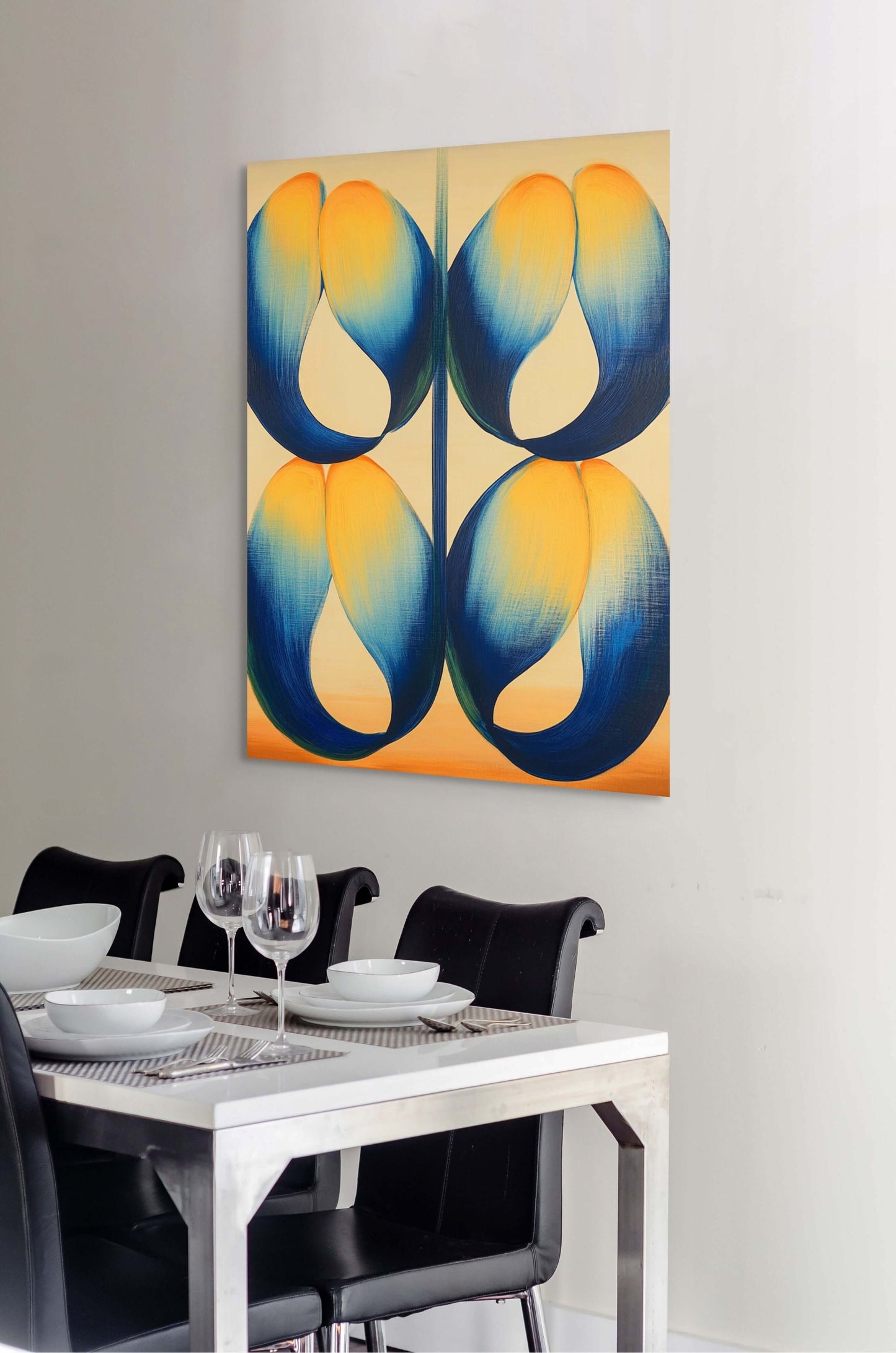 Original oil painting 'Symbiotic Bloom' featuring geometric forms in blue and orange, displayed above a dining table.